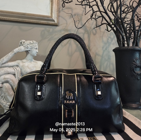 L.A.M.B. Gwen Stefani Black Leather Satchel Wovwn Handle Designer Vintage #133